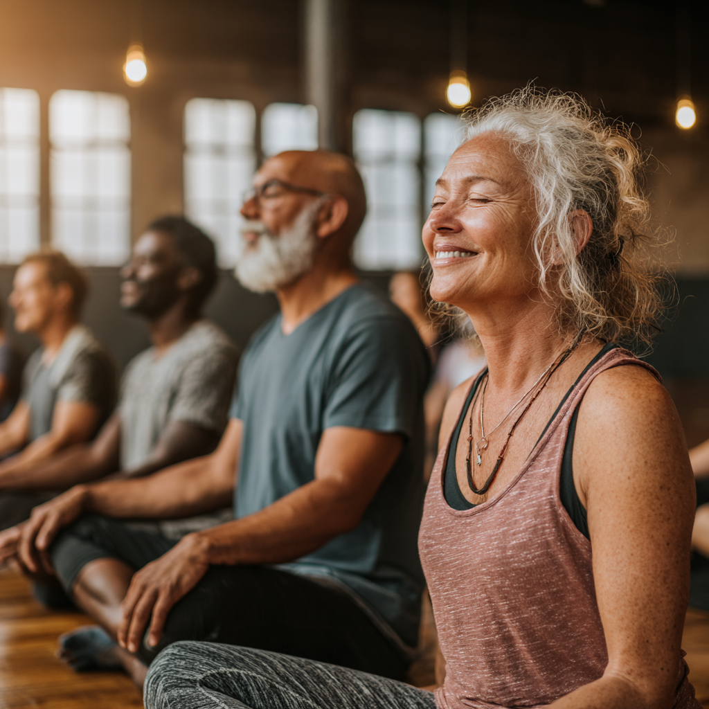A diverse group of adults aged 40-55 practicing yoga together in a bright studio, sitting in comfortable cross-legged positions with gentle smiles, wearing various colored yoga attire, creating an atmosphere of community, acceptance and shared wellness journey