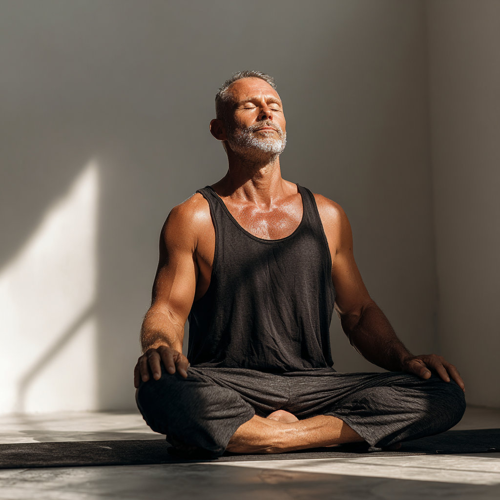 A peaceful man in his early 50s sitting in meditation pose on a yoga mat in a bright, minimalist studio with natural lighting, wearing comfortable yoga clothes, eyes closed in deep concentration, embodying tranquility and mindfulness
